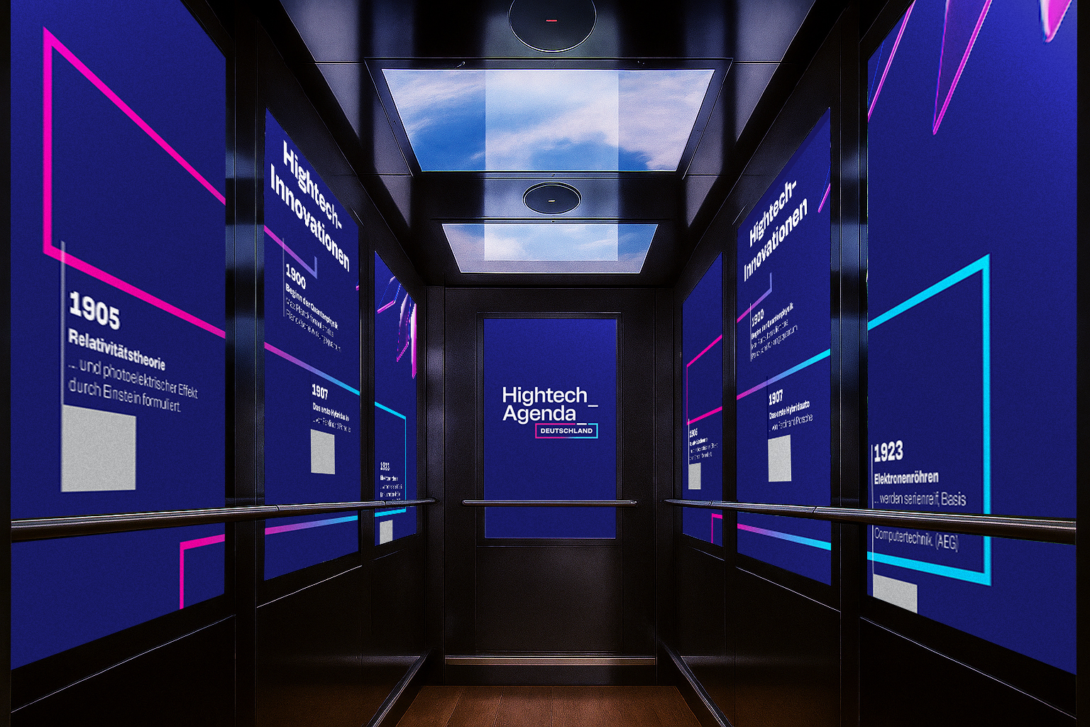 Das Bild zeigt einen modernen Aufzug mit eleganten, dunklen Wänden und digitalen Displays, die eine Zeitleiste wichtiger Hightech-Innovationen präsentieren. Die Wände sind mit leuchtenden, bunten Rechtecken verziert, die bedeutende Momente in der Technologiegeschichte hervorheben, wie zum Beispiel: 1905: Die Relativitätstheorie und der fotoelektrische Effekt, formuliert von Einstein. 1900: Ein bemerkenswerter technischer Meilenstein (der Text ist im Bild nicht vollständig sichtbar). 1907: Eine weitere wichtige technologische Entwicklung. 1923: Die Entwicklung der Elektronenröhren, die die Basis für die Computertechnik von AEG bildeten. Der zentrale Text auf der Tür lautet „Hightech Agenda Deutschland“, was darauf hindeutet, dass dieses Aufzugdisplay Teil einer Ausstellung oder eines Projekts zu den technologischen Fortschritten Deutschlands ist. Der Aufzug ist in einem minimalistischen, futuristischen Stil gestaltet, mit einem Blick auf den Himmel darüber.